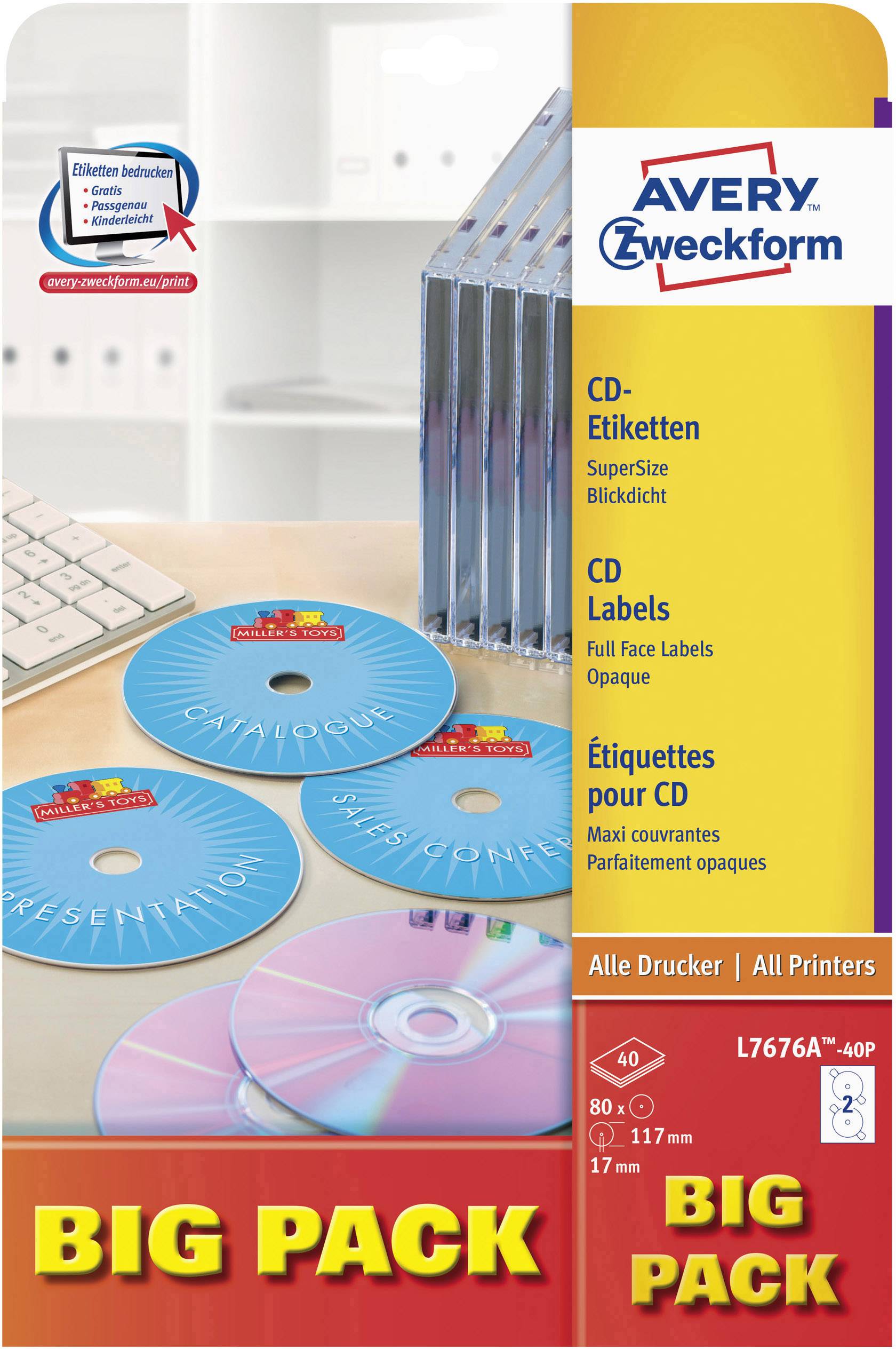 Avery-Zweckform L7676A-40P CD-etiketter Ø 117 mm Papper Vit 80 st Permanent Laser, färg, Laser, Färgkopiator, Kopiator,