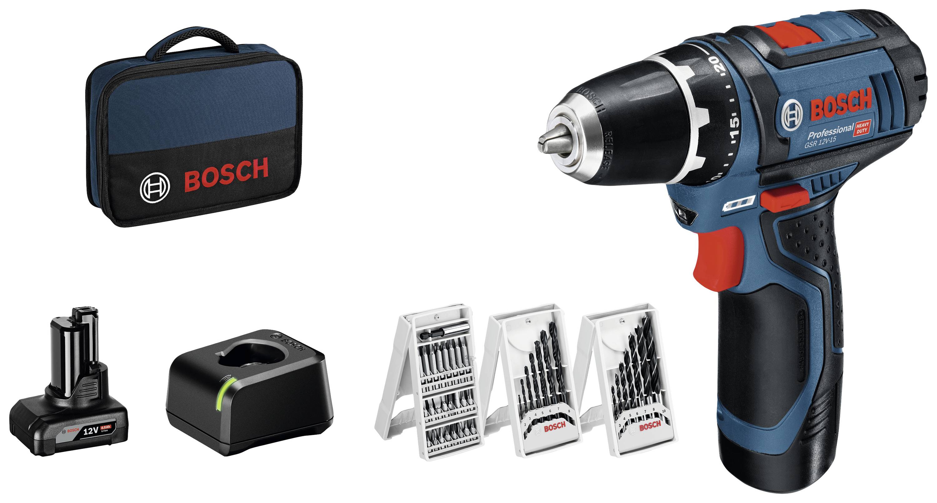 Bosch Professional GSR 12V-15 0615990G6L Borrskruvdragare batteri 12 V 2 Ah, 4 Ah Li-Ion inkl. 2x batterier, inkl. ladda