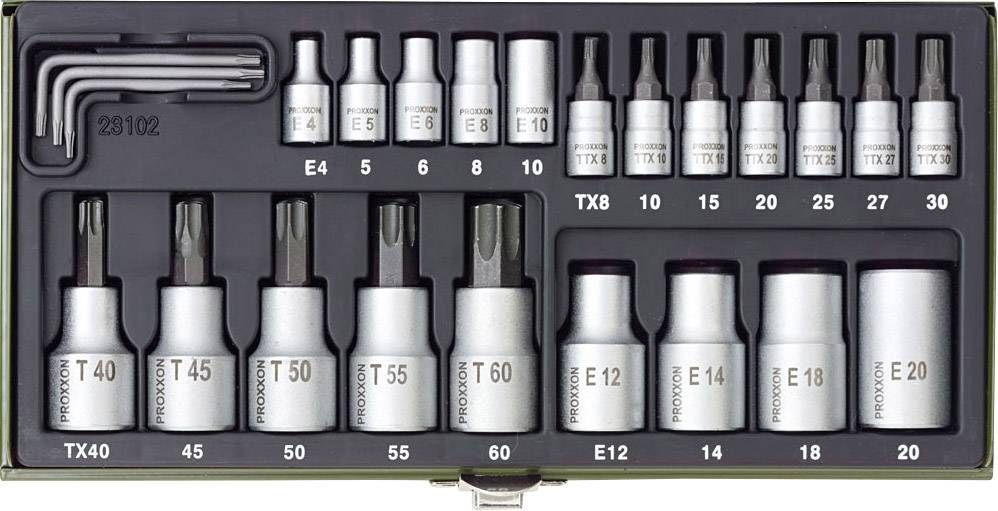 Proxxon Industrial Hylsnyckel-bitsinsats-set 1/4″, 1/2″ 24 delar 23 102