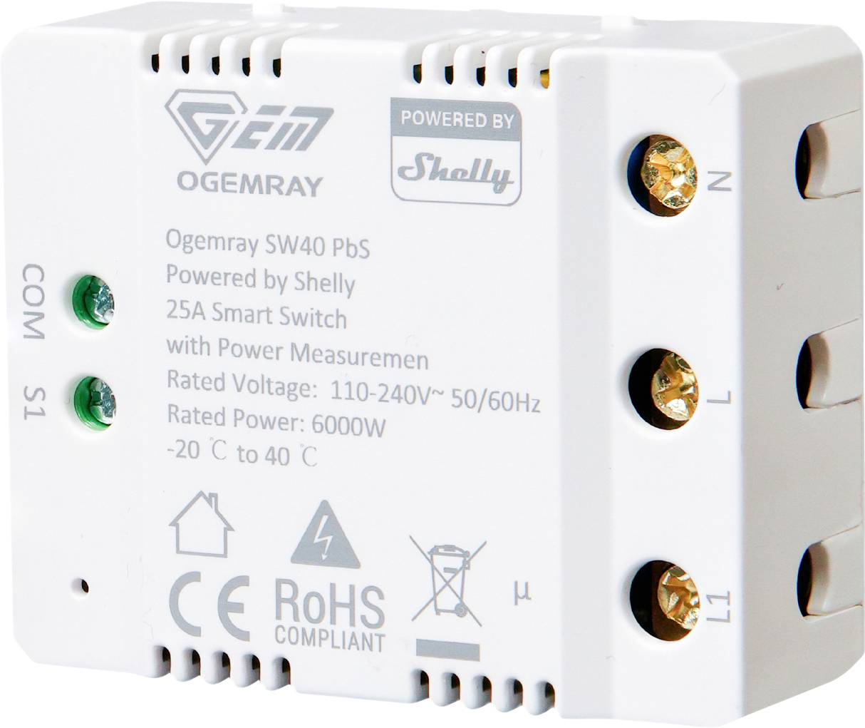 Shelly Ogemray smarter Relaisschalter 25 A Smart relä Bluetooth, Wi-Fi