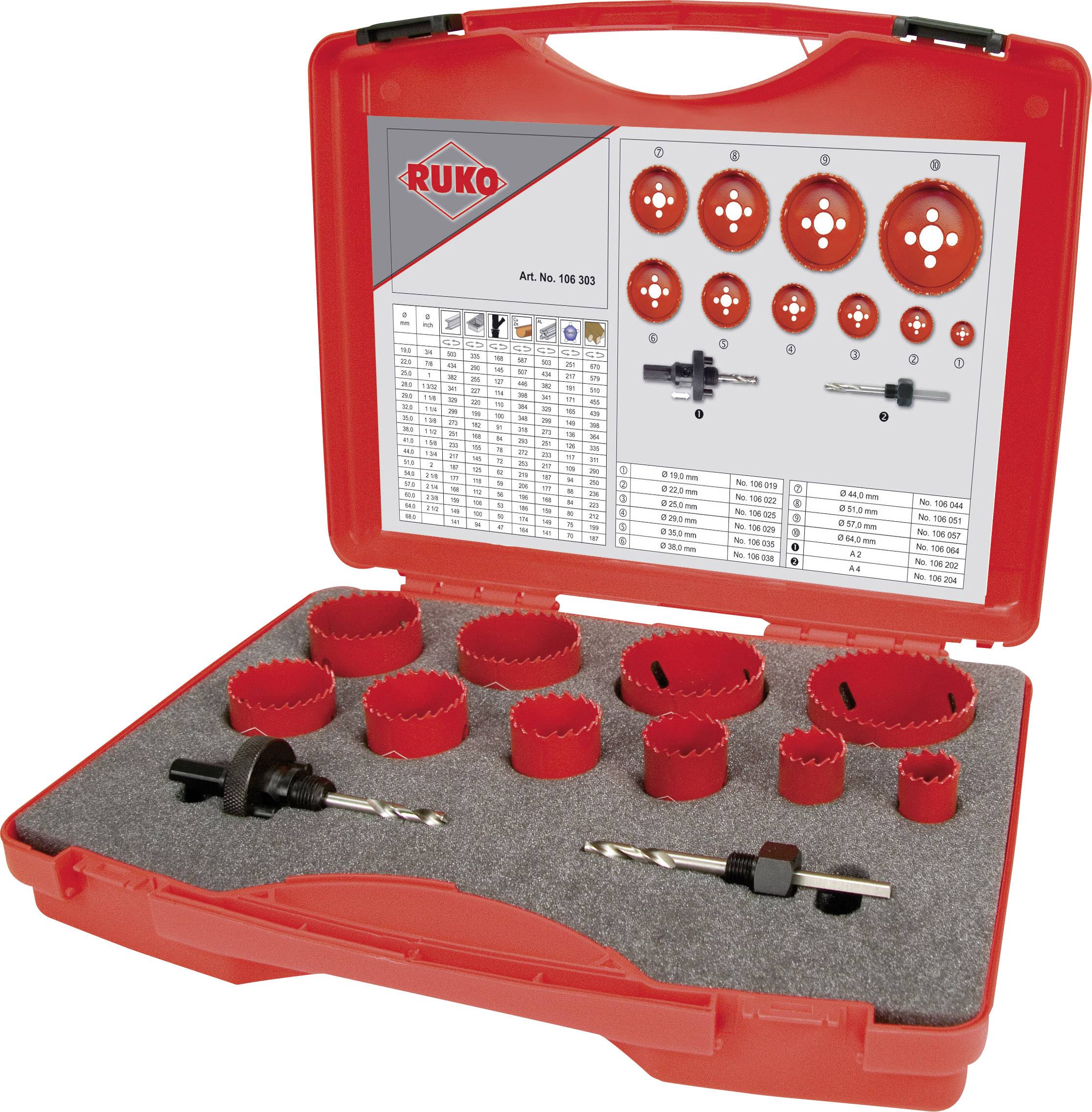 RUKO 106303 Hålsågset 12 delar 19 mm, 22 mm, 25 mm, 29 mm, 35 mm, 38 mm, 44 mm, 51 mm, 57 mm, 64 mm 1 set